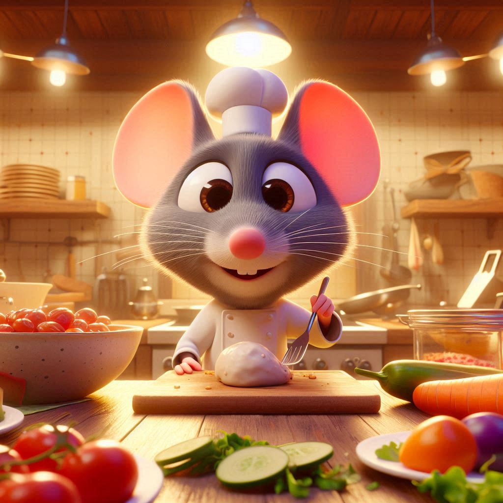 3D cartoon movie image of a tiny chef mouse preparing a feast in a cozy kitchen, in a Pixar or Disney cartoon movie style, from a close-up worm�s-eye perspective with warm, inviting kitchen lighting.