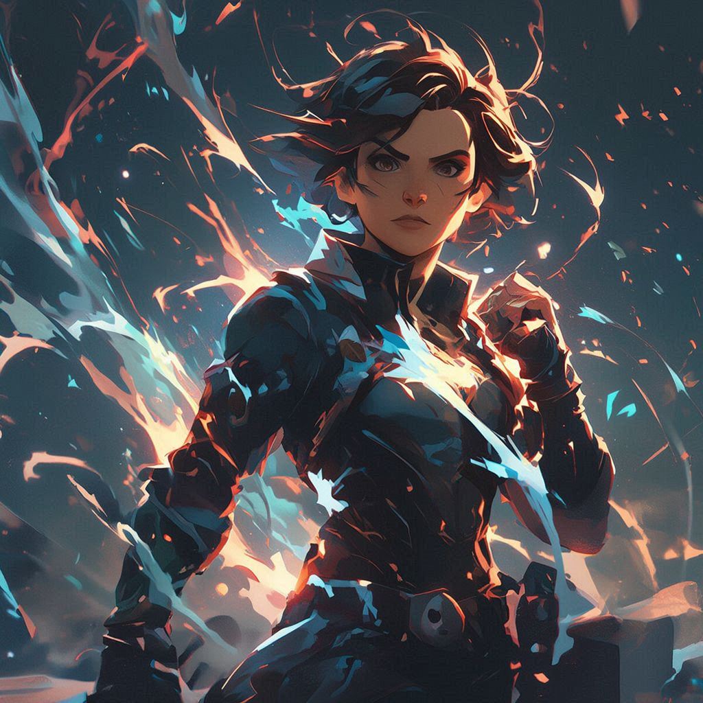 Create a heroic movie poster featuring an original stylized character, not a realistic human. Use a bold, dynamic pose with dramatic lighting and high‑contrast colors. Render the hero in a semi‑cartoon, anime‑inspired, or 3D stylized look with clear expressive features but no realism. Add swirling energy, glowing effects, or abstract power elements around them. Include an epic, atmospheric background. No references to any existing hero IP.. Image 2 of 4