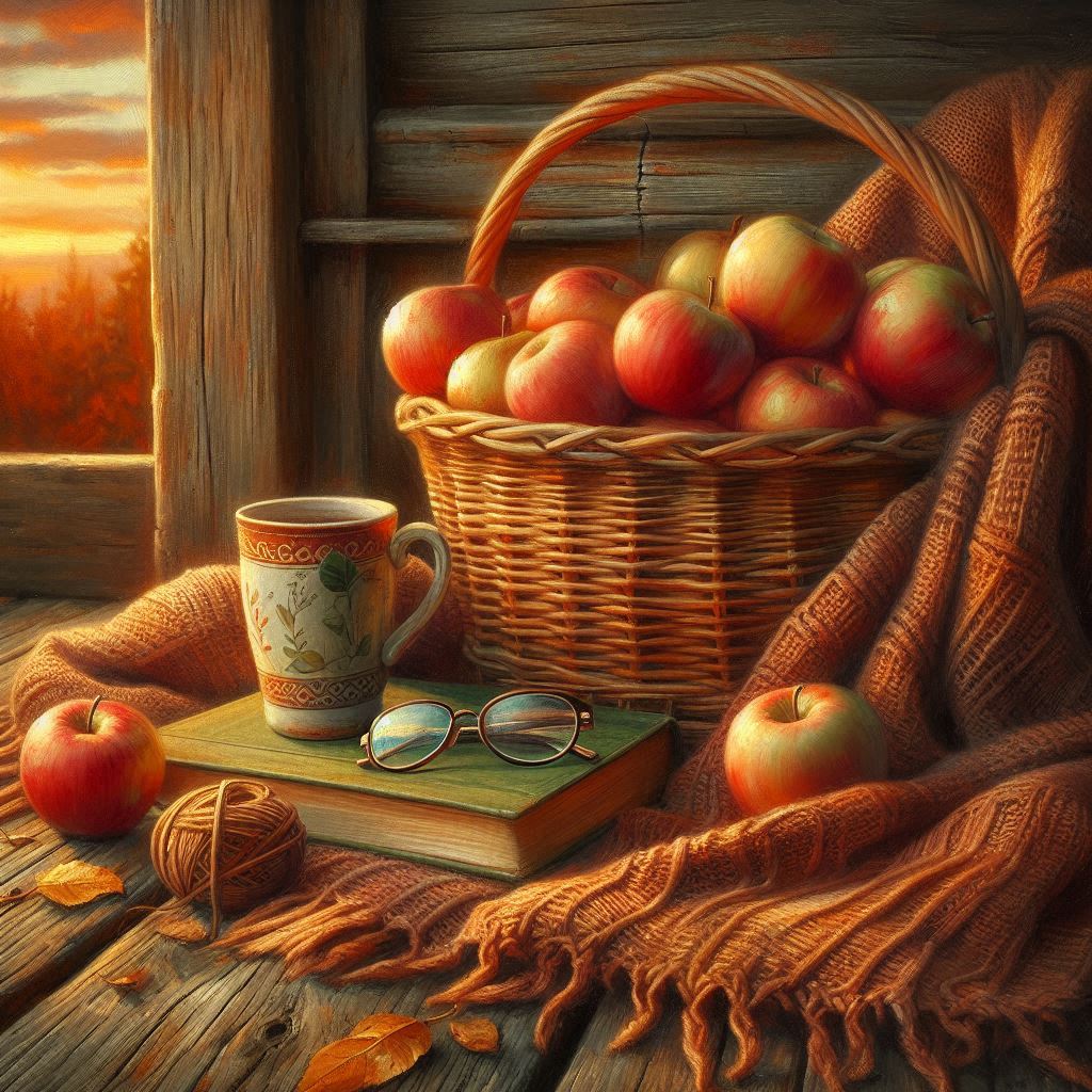 Woven basket of apples, knitted blanket, reading glasses atop a book, and a porcelain mug on a creaky wooden porch; warm sunset tones; painterly realism.