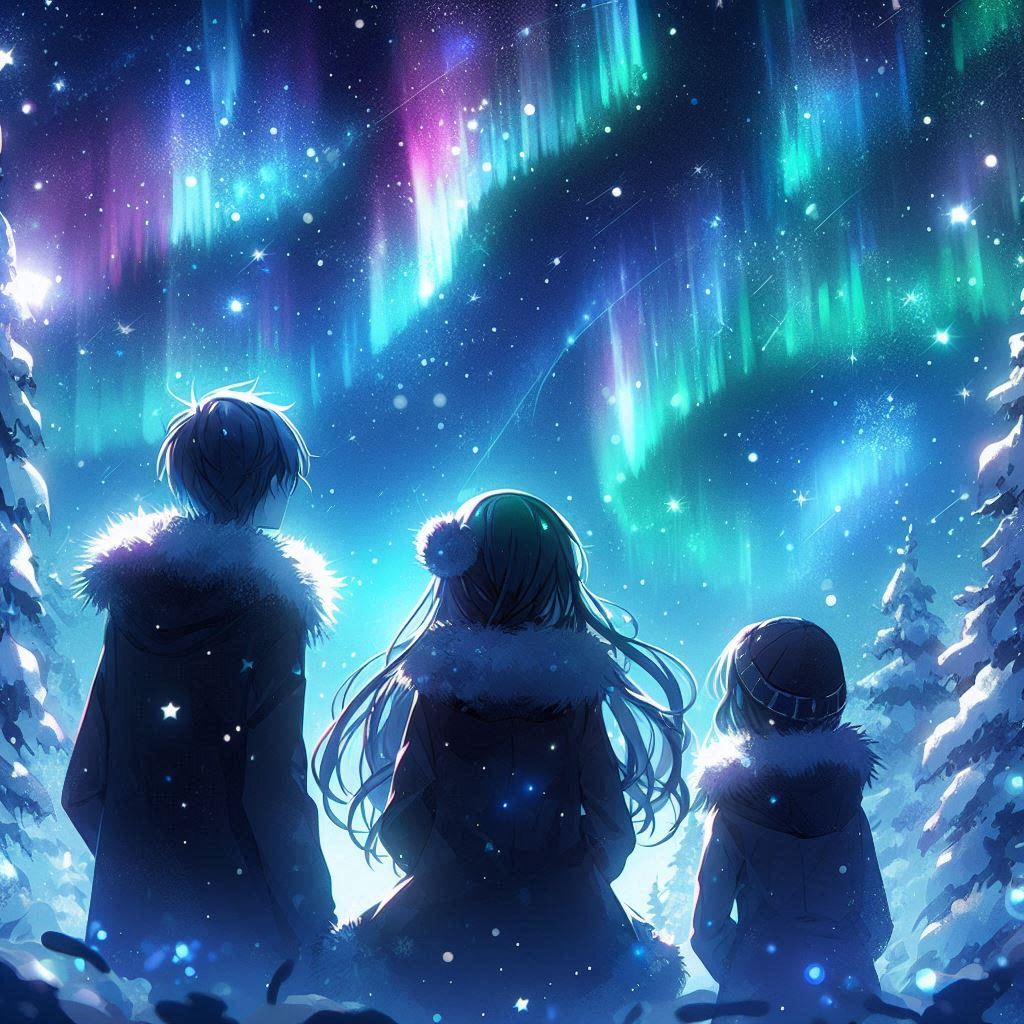 A magical winter night sky filled with stars and auroras, silhouetted characters gazing upward, dreamy anime-style illustration.. Image 4 of 4