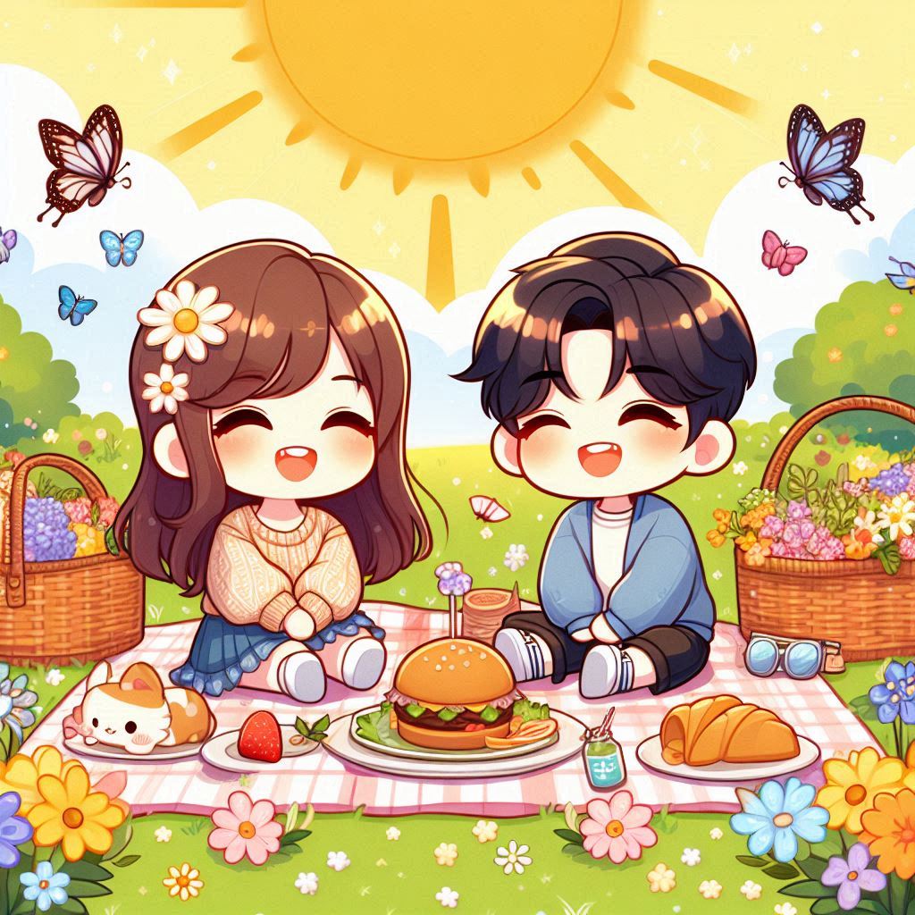 Cute, chibi characters having a picnic in a sunny park, surrounded by flowers and butterflies.