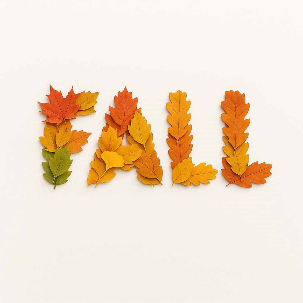 The word ‘FALL’ built from layered maple, oak, and ginkgo leaves; clean white backdrop; subtle shadow; minimal, brand‑ready lockup. 1:1 image