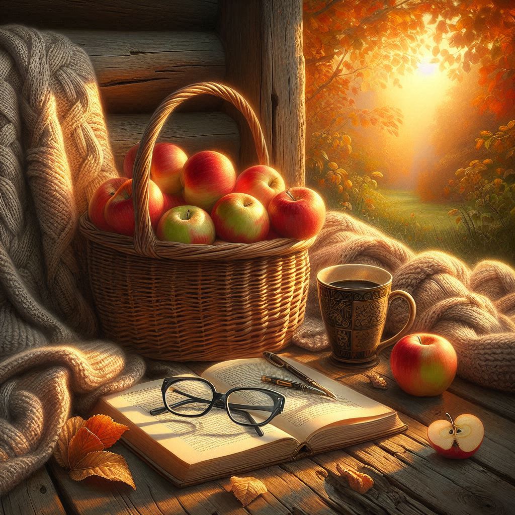 Woven basket of apples, knitted blanket, reading glasses atop a book, and a porcelain mug on a creaky wooden porch; warm sunset tones; painterly realism.。画像 3/4