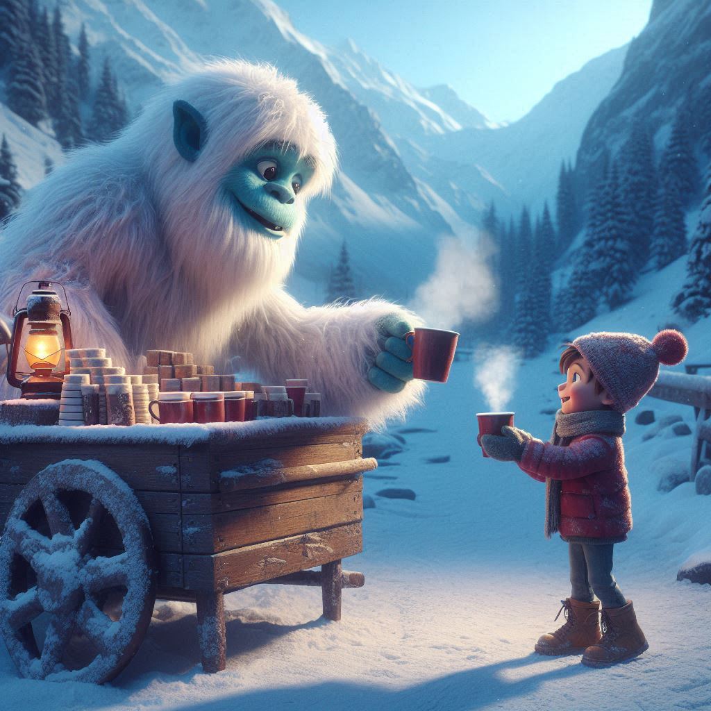 3D animated cinematic scene friendly yeti serving steaming mugs of hot cocoa from a rustic wooden cart on a snowy mountain path, bundled child smiling while holding a cup, vibrant saturated colors, shallow depth of field, mid-range eye-level perspective.