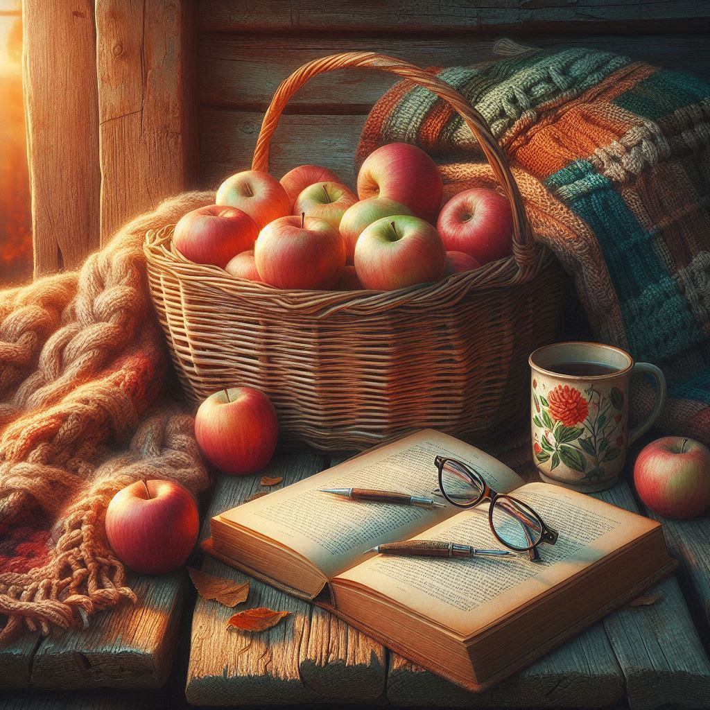 Woven basket of apples, knitted blanket, reading glasses atop a book, and a porcelain mug on a creaky wooden porch; warm sunset tones; painterly realism.。画像 4/4