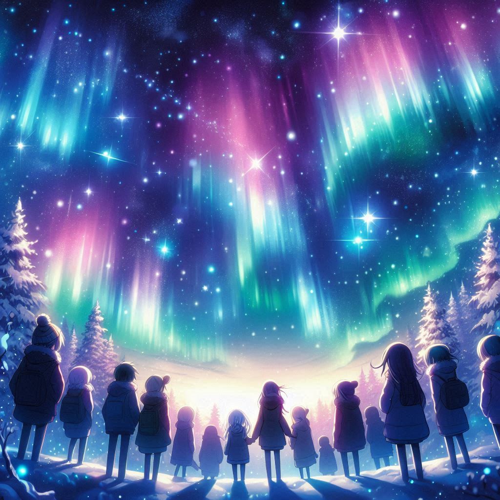 A magical winter night sky filled with stars and auroras, silhouetted characters gazing upward, dreamy anime-style illustration.. Image 1 of 4