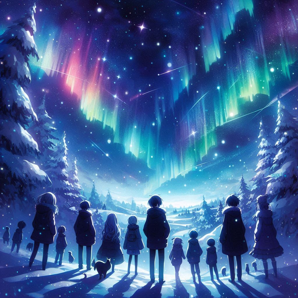 A magical winter night sky filled with stars and auroras, silhouetted characters gazing upward, dreamy anime-style illustration.. Image 3 of 4