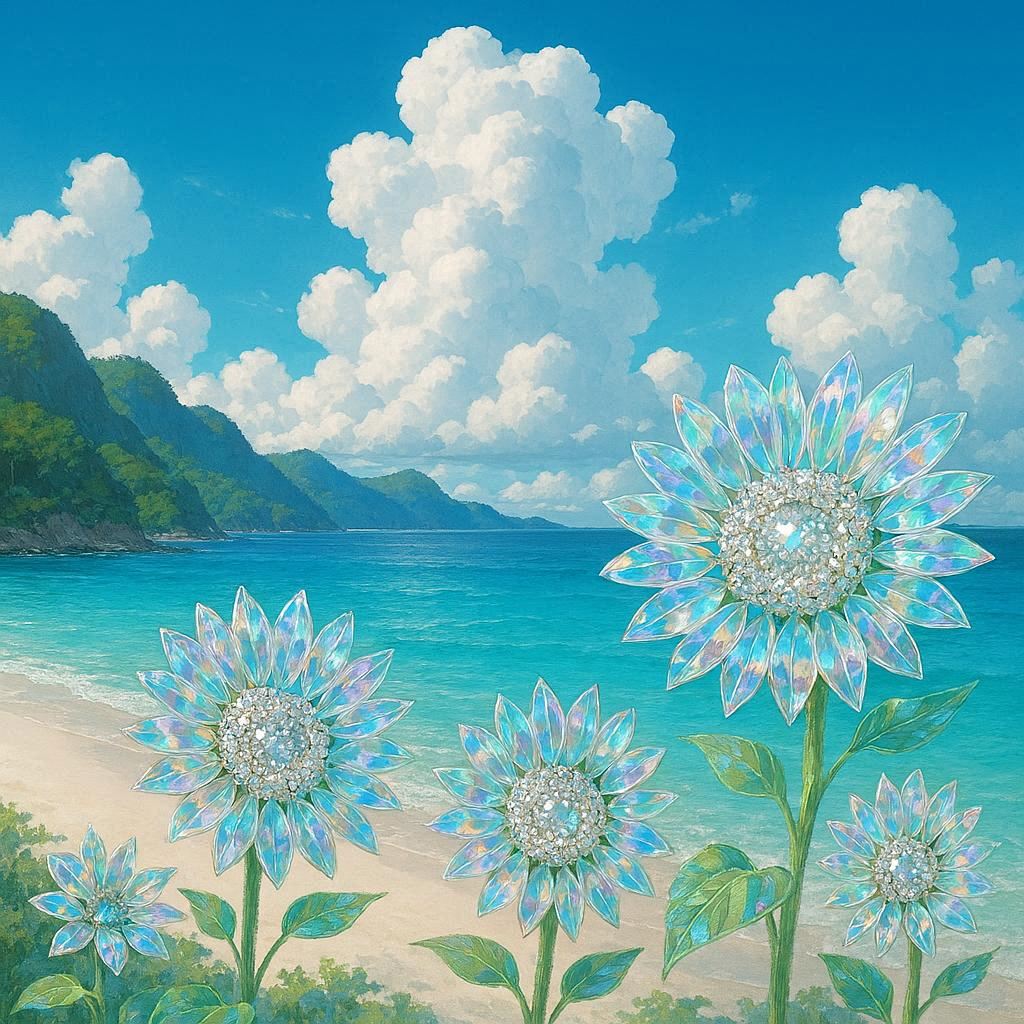 Cyclaeon's humid but refreshing summer: crystal clear, cyan seas, lush mountains, white sandy beaches, cyan-blue skies, lots of cumulonimbus clouds, and iridescent, crystalline, translucent, mirror sunflowers with white, diamond-clustered centers.