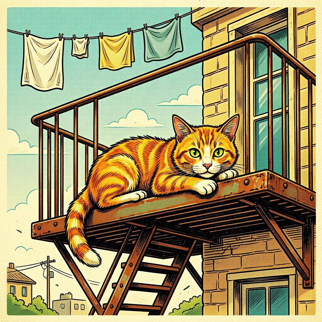 A scruffy orange cat lounging on a rusty 1970s fire escape, string of laundry above, warm grainy retro-comic colors, halftone shading.