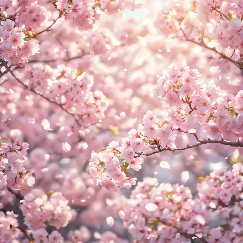 Dreamy cherry blossom scene in soft pastel colors, branches filled with delicate pink sakura petals glowing in gentle sunlight, petals drifting through the air, shallow depth of field, creamy bokeh, serene spring atmosphere, subtle warm highlights, ultra‑detailed petals, soft breeze motion, high‑quality photographic style with a peaceful, uplifting mood.. Image 4 of 4