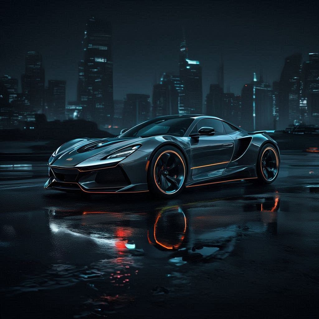A hyper‑realistic dream car showcased in a dramatic nighttime setting. Sleek aerodynamic body, glossy metallic finish, glowing LED accents, and sculpted curves. Cinematic rim lighting, neon reflections on wet pavement, and a moody futuristic city skyline in the background. Low‑angle hero shot emphasizing power and elegance. Subtle motion blur, crisp details, and a bold, high‑end luxury vibe.. Image 4 of 4