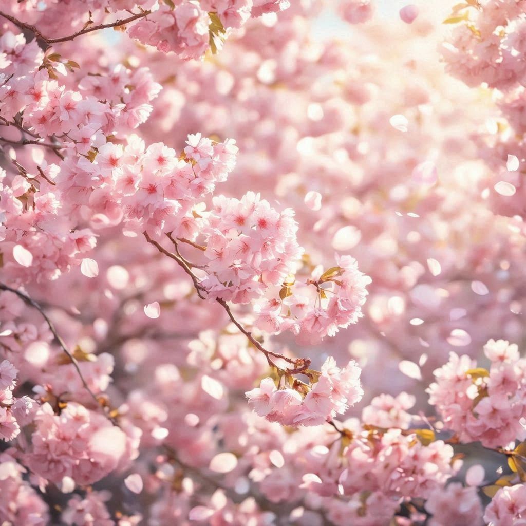 Dreamy cherry blossom scene in soft pastel colors, branches filled with delicate pink sakura petals glowing in gentle sunlight, petals drifting through the air, shallow depth of field, creamy bokeh, serene spring atmosphere, subtle warm highlights, ultra‑detailed petals, soft breeze motion, high‑quality photographic style with a peaceful, uplifting mood.. Image 1 of 4