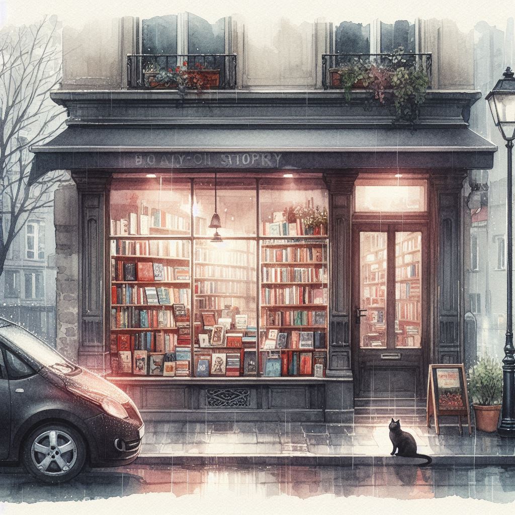watercolor image of a cozy bookshop on a rainy day with a cat by the window, from a straight-on storefront perspective with muted, moody lighting.