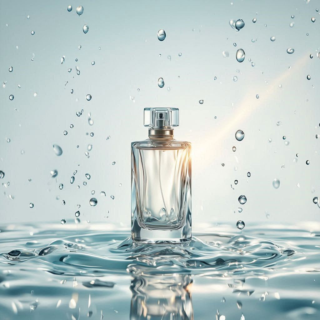 A sculpted glass perfume bottle standing on a glossy, water‑rippled surface that reflects soft shimmering highlights, surrounded by drifting droplets suspended in mid‑air like crystallized mist. The scene is styled in refined minimalist luxury, with the bottle centered against a clean gradient backdrop that transitions from pale aqua to luminous white. Cool diffused studio light creates pristine reflections along the glass edges, while a gentle beam of warm sunrise gold grazes the bottle, adding depth and elegance. Subtle waves of translucent water flow around the base, enhancing the fresh, pure, and high‑end feeling, captured in ultra‑sharp premium product photography with crisp focus and smooth depth of field.。画像 2/3