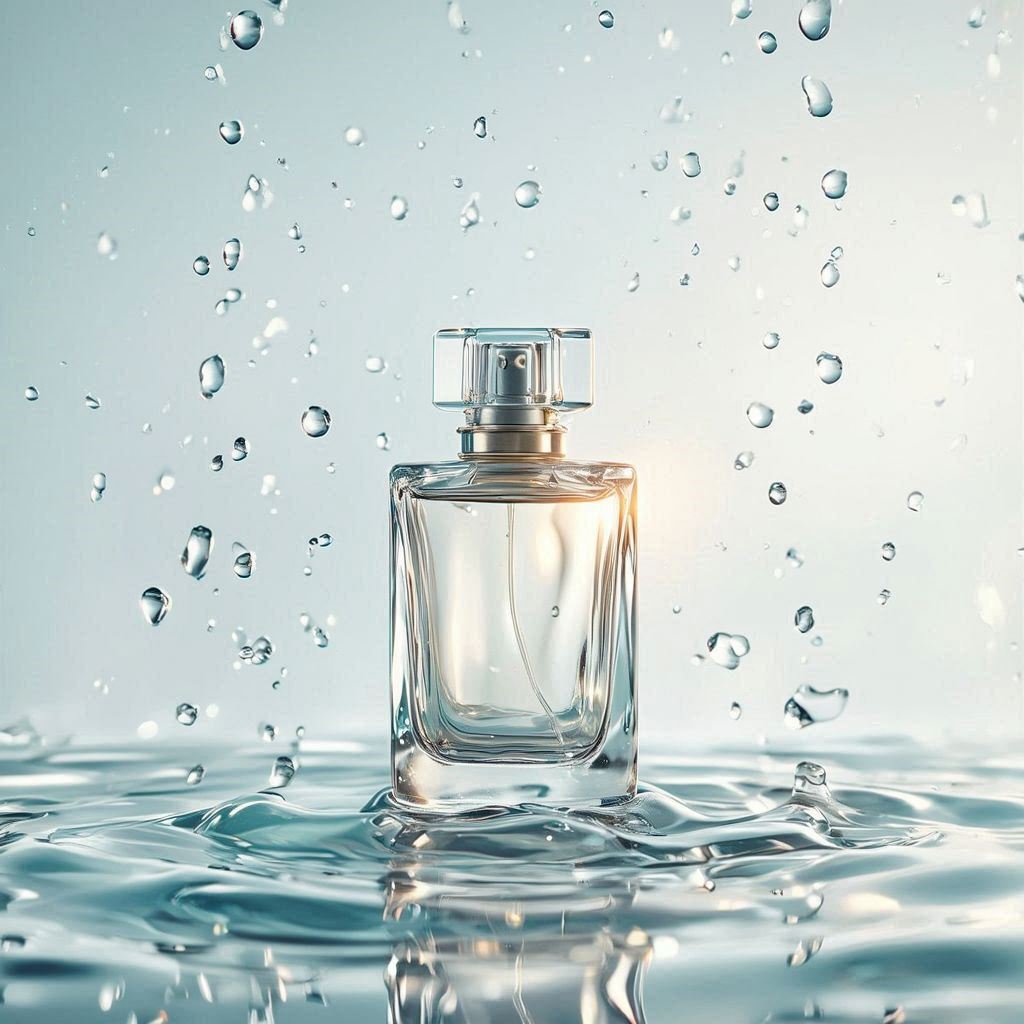 A sculpted glass perfume bottle standing on a glossy, water‑rippled surface that reflects soft shimmering highlights, surrounded by drifting droplets suspended in mid‑air like crystallized mist. The scene is styled in refined minimalist luxury, with the bottle centered against a clean gradient backdrop that transitions from pale aqua to luminous white. Cool diffused studio light creates pristine reflections along the glass edges, while a gentle beam of warm sunrise gold grazes the bottle, adding depth and elegance. Subtle waves of translucent water flow around the base, enhancing the fresh, pure, and high‑end feeling, captured in ultra‑sharp premium product photography with crisp focus and smooth depth of field.。画像 1/3