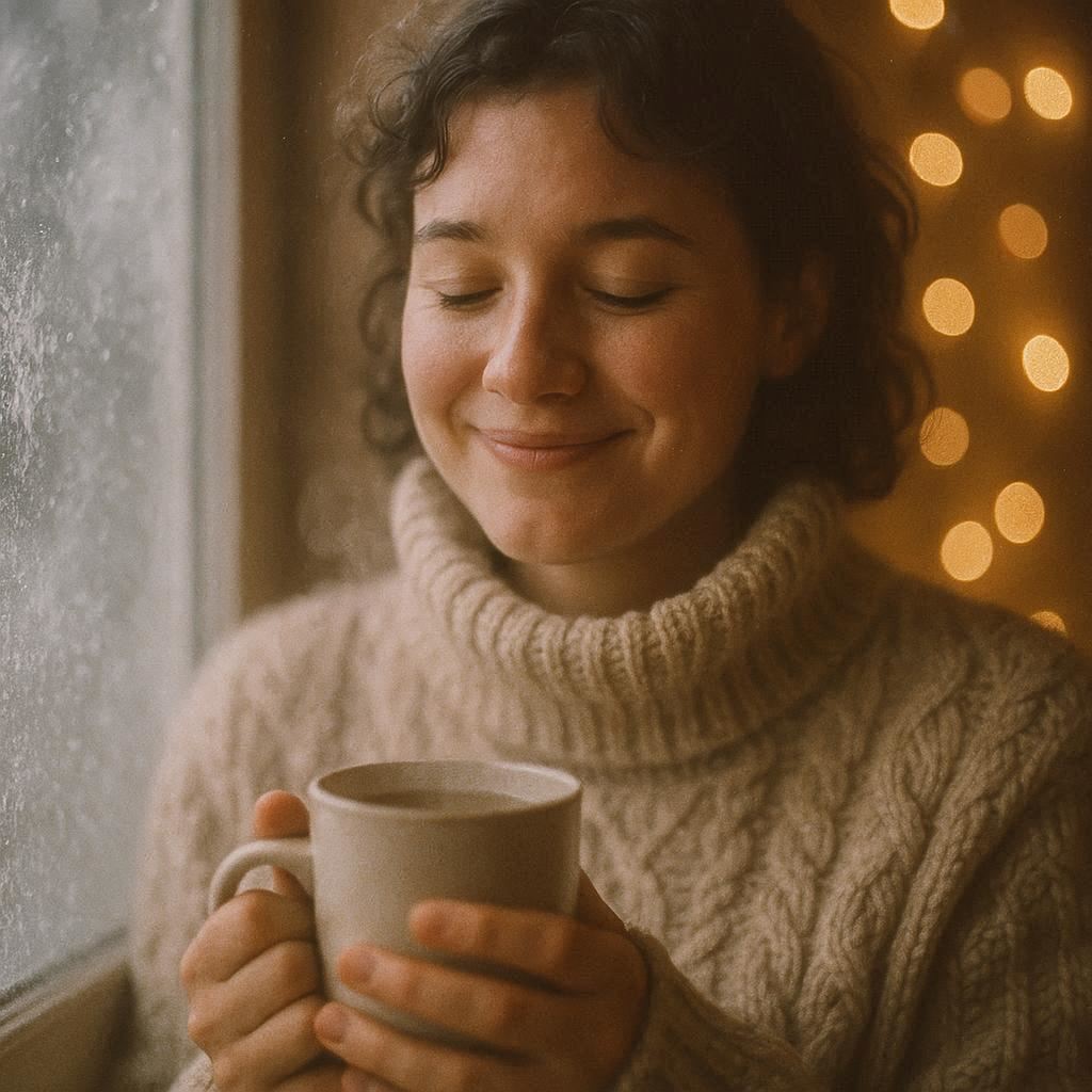 A cozy portrait of a smiling person in a chunky cable‑knit sweater, holding a steaming mug; window frost, soft rim‑light, bokeh of amber fairy lights; ultra‑soft focus, film grain.