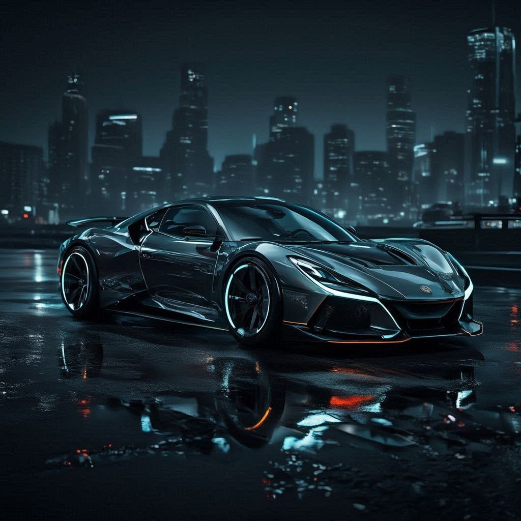 A hyper‑realistic dream car showcased in a dramatic nighttime setting. Sleek aerodynamic body, glossy metallic finish, glowing LED accents, and sculpted curves. Cinematic rim lighting, neon reflections on wet pavement, and a moody futuristic city skyline in the background. Low‑angle hero shot emphasizing power and elegance. Subtle motion blur, crisp details, and a bold, high‑end luxury vibe.. Image 1 of 4
