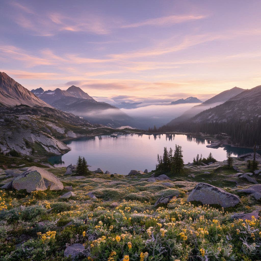 A sweeping sunrise vista unfolds across sapphire‑tinted valleys covered in soft morning dew, with alpine wildflowers glowing in fresh color. A crystal‑clear lake reflects the pastel sky as granite mountain peaks catch the first warm sunlight. Gentle mist drifts above the water between scattered evergreens and weathered shoreline boulders. The scene feels calm and expansive, with soft lavender and peach clouds stretching across the early morning horizon.. Image 1 of 4
