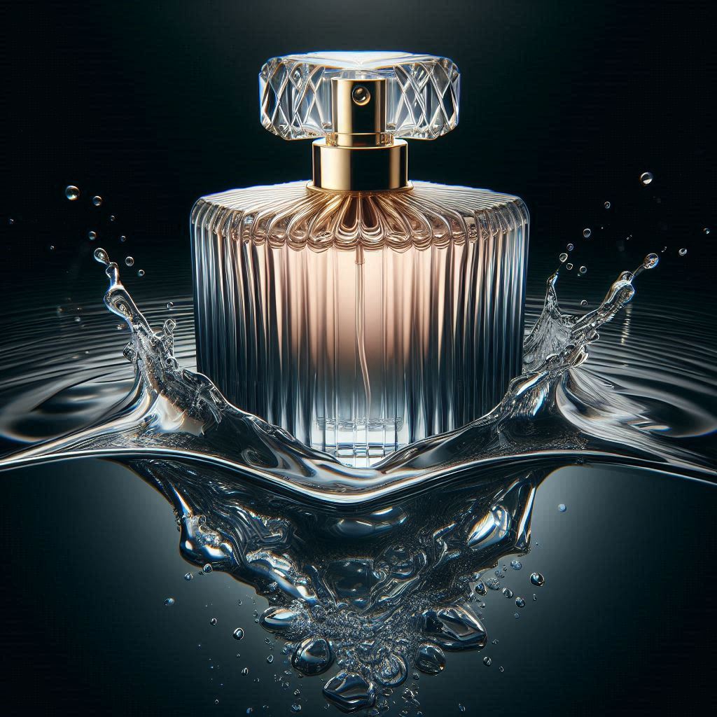 A high-end and elegant perfume ad from a close-up shoot. The perfume stands in the middle of the picture in a thin layer of water, with water wave rings slightly spreading out.