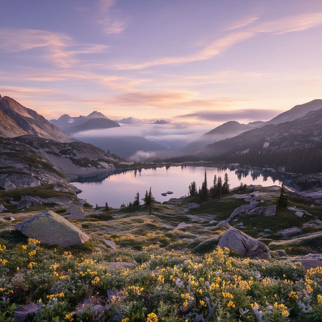 A sweeping sunrise vista unfolds across sapphire‑tinted valleys covered in soft morning dew, with alpine wildflowers glowing in fresh color. A crystal‑clear lake reflects the pastel sky as granite mountain peaks catch the first warm sunlight. Gentle mist drifts above the water between scattered evergreens and weathered shoreline boulders. The scene feels calm and expansive, with soft lavender and peach clouds stretching across the early morning horizon.. Image 2 of 4