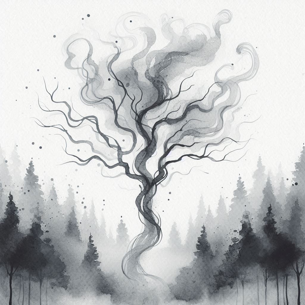 Wisps of smoke twisting into the shape of a tree against a blurred, desaturated forest backdrop, painted in subtle grey tones with a simple, airy watercolor technique and lots of open space.
