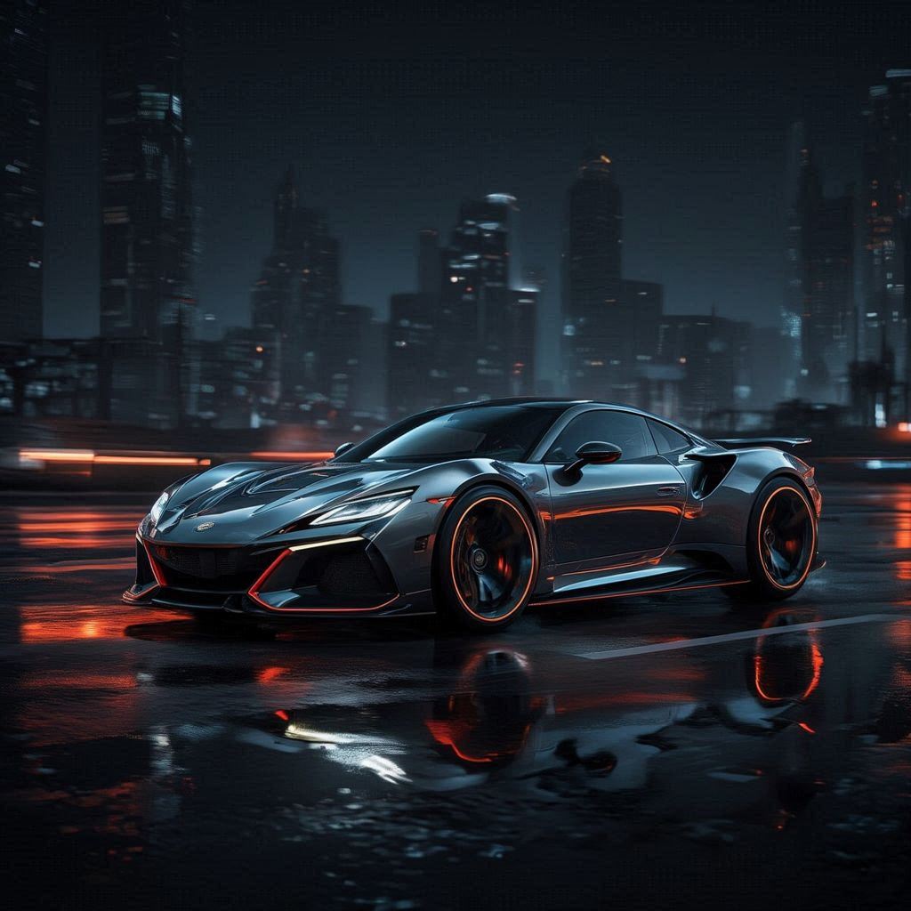 A hyper‑realistic dream car showcased in a dramatic nighttime setting. Sleek aerodynamic body, glossy metallic finish, glowing LED accents, and sculpted curves. Cinematic rim lighting, neon reflections on wet pavement, and a moody futuristic city skyline in the background. Low‑angle hero shot emphasizing power and elegance. Subtle motion blur, crisp details, and a bold, high‑end luxury vibe.
