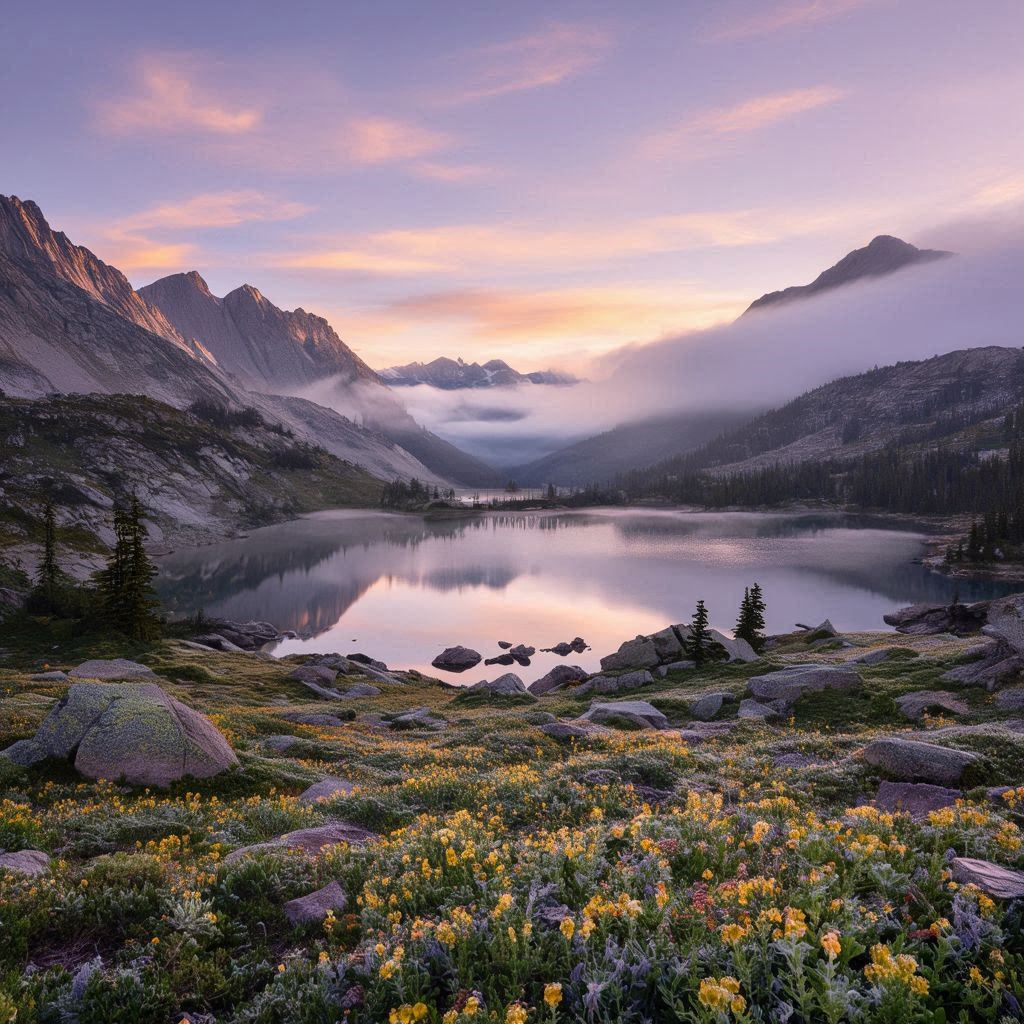 A sweeping sunrise vista unfolds across sapphire‑tinted valleys covered in soft morning dew, with alpine wildflowers glowing in fresh color. A crystal‑clear lake reflects the pastel sky as granite mountain peaks catch the first warm sunlight. Gentle mist drifts above the water between scattered evergreens and weathered shoreline boulders. The scene feels calm and expansive, with soft lavender and peach clouds stretching across the early morning horizon.. Image 4 of 4