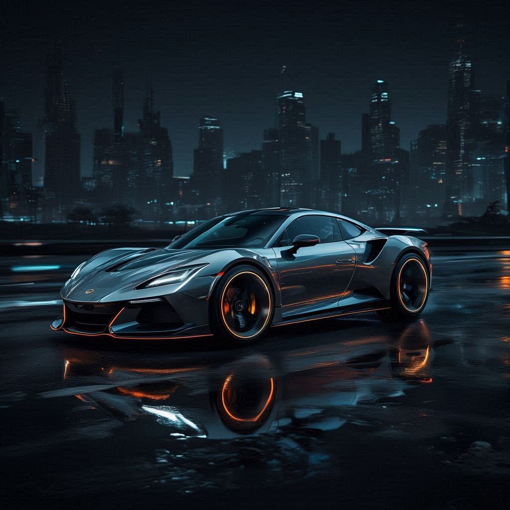 A hyper‑realistic dream car showcased in a dramatic nighttime setting. Sleek aerodynamic body, glossy metallic finish, glowing LED accents, and sculpted curves. Cinematic rim lighting, neon reflections on wet pavement, and a moody futuristic city skyline in the background. Low‑angle hero shot emphasizing power and elegance. Subtle motion blur, crisp details, and a bold, high‑end luxury vibe.. Image 3 of 4
