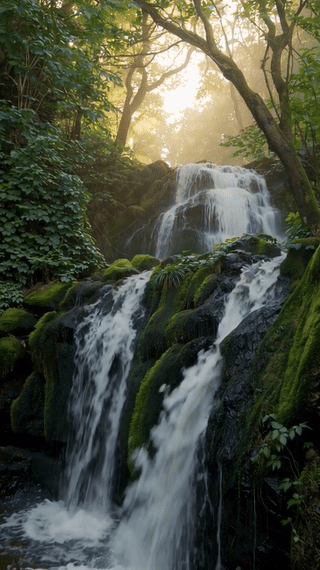 A waterfall cascades over ancient stone. Use soft morning light and a slow tilt-up shot. 